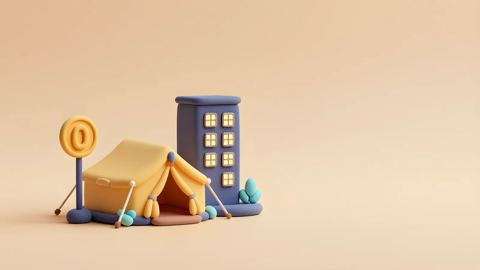 Ett tält uppslaget bredvid ett litet hotell med lysande fönster