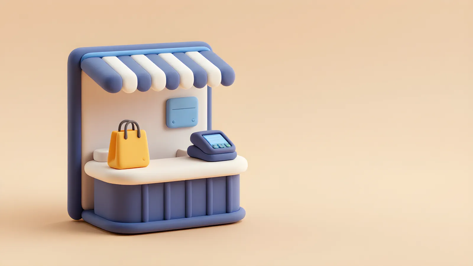 Ett litet hotell med en butiksdisk, en shoppingkasse och en kortläsare